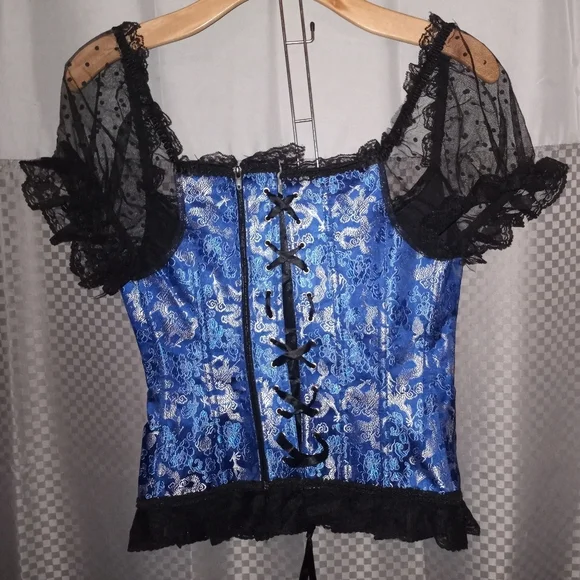 blue and black corset with zip up back closure lace puff sleeve with dot details - Picture 5 of 7